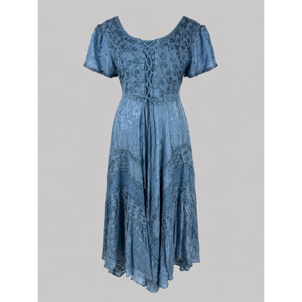 Just Cruising Vintage Blue Embroidered Lace Up Boho Midi Dress Rayon India Small